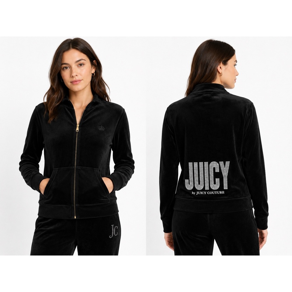 Juicy by‎ Juicy Couture Black Velour Zip Track Jacket Women's XXL Y2K - Picture 2 of 5